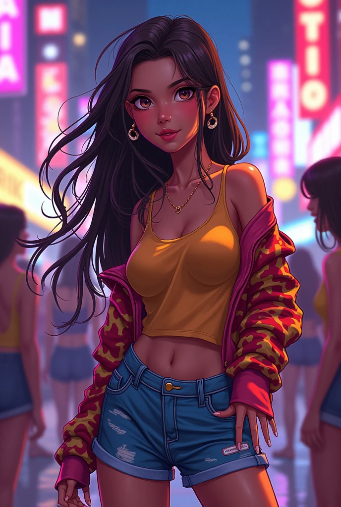 A detailed portrait of a teeanage girl. Small breasts, slender abs. wearing mini shorts and a fitted red crop top. Long messy hair with bangs. Necklace. Earrings. Red lips.  Sexy gaze. On a rainy night in the street. 