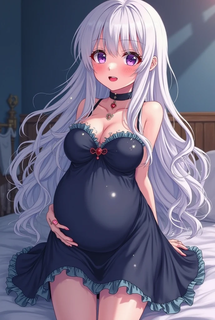one pregnant anime girl with white hair and red eyes, chained and laying on a bed. Sad. breast feeding