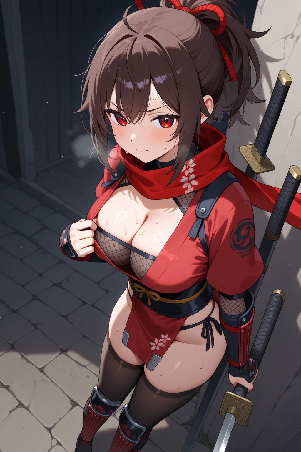 (best quality), (Super detailed), (Best Illustration), (woman), look at viewer, {(Assassin robe:1.2), (clothes lift:1.2), (show off bra:1.3)}, (large breasts), {(detailed eyes), (heart-shaped pupils), blue eyes}, {brown hair, (sideburns), (bob cut:1.3), curly hair, hairs between eyes, colored inner hair}, blush, earring, hair band, Ancient Ruins