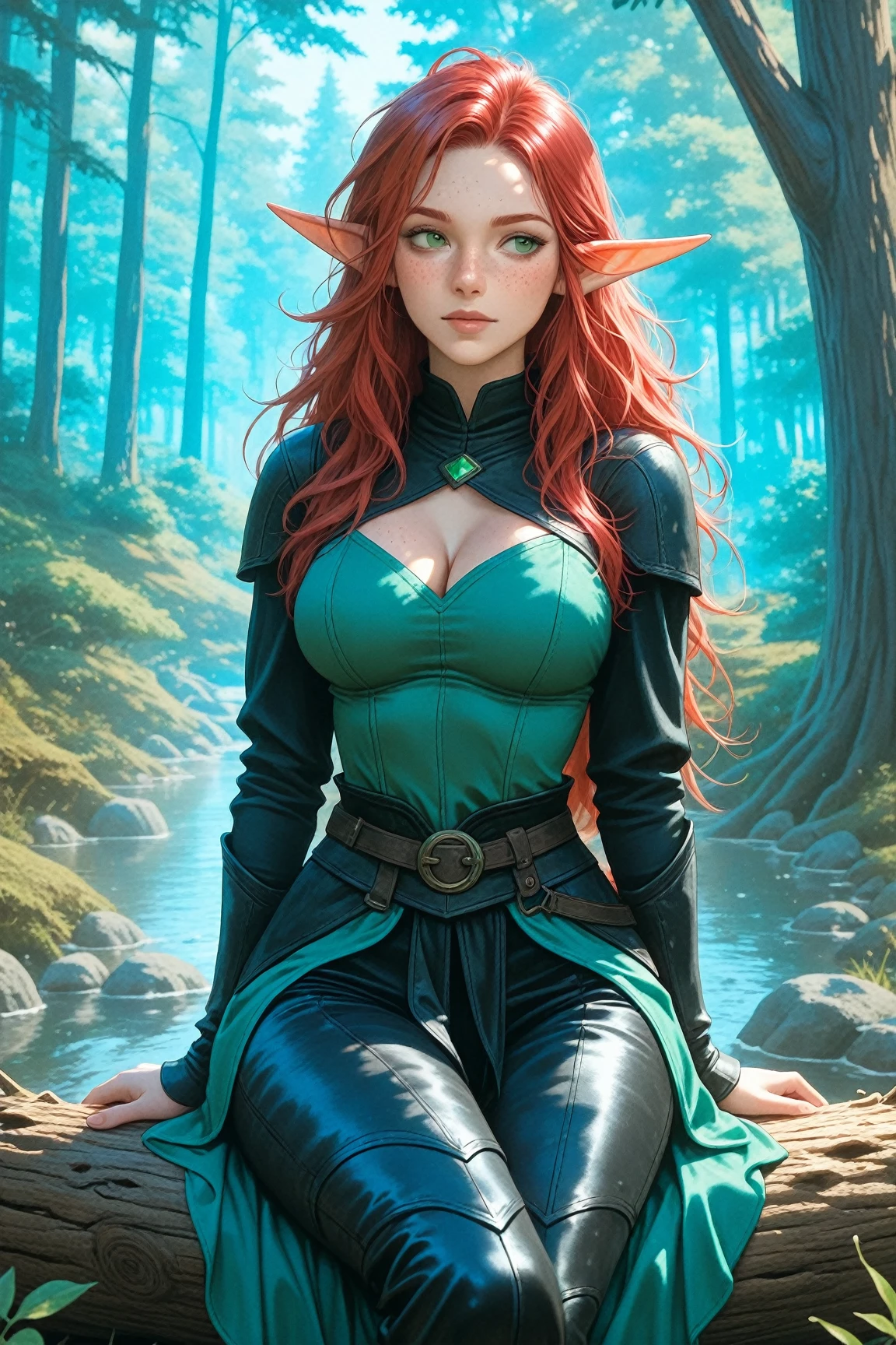 (Masterpiece - Ultra-Detailed, High Resolution) Prepare to be enchanted by a true masterpiece that combines ultra-detailed art with high-resolution rendering. This work shows a mesmerizing and sexy young elf with very large breasts and red hair. Green eyes, transparent white dress, with a snake wrapped around her neck, bathing in a waterfall, lying in the water, with forest and waterfall as an illustration. Get ready to dive into a world where beauty and craftsmanship merge perfectly.