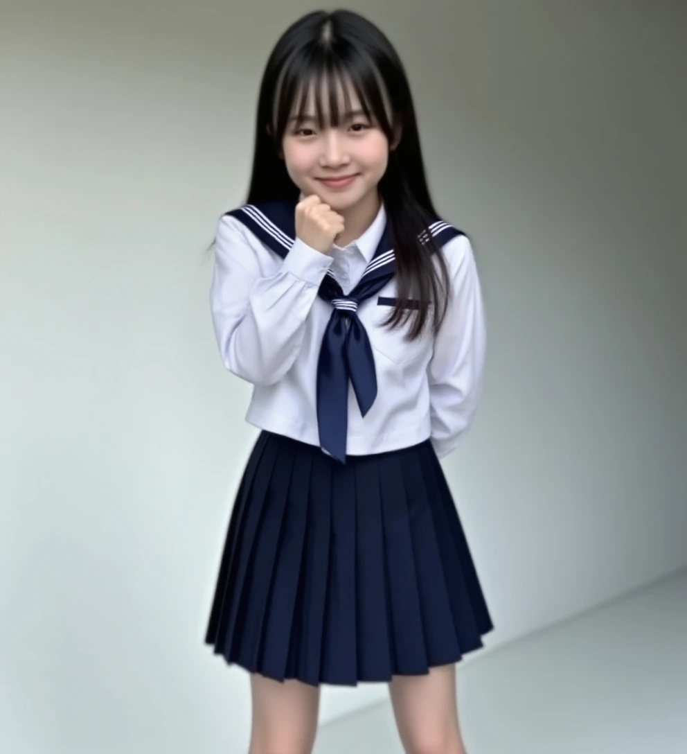 Fashion photography of children, school uniform skirt, strong sense of design, medium shot, 8-year-old girl, Chinese little girl, long hair, hair accessories, delicate skin, happy laughing, simple background, high texture, glare backlight, photography Shed Professional Lighting