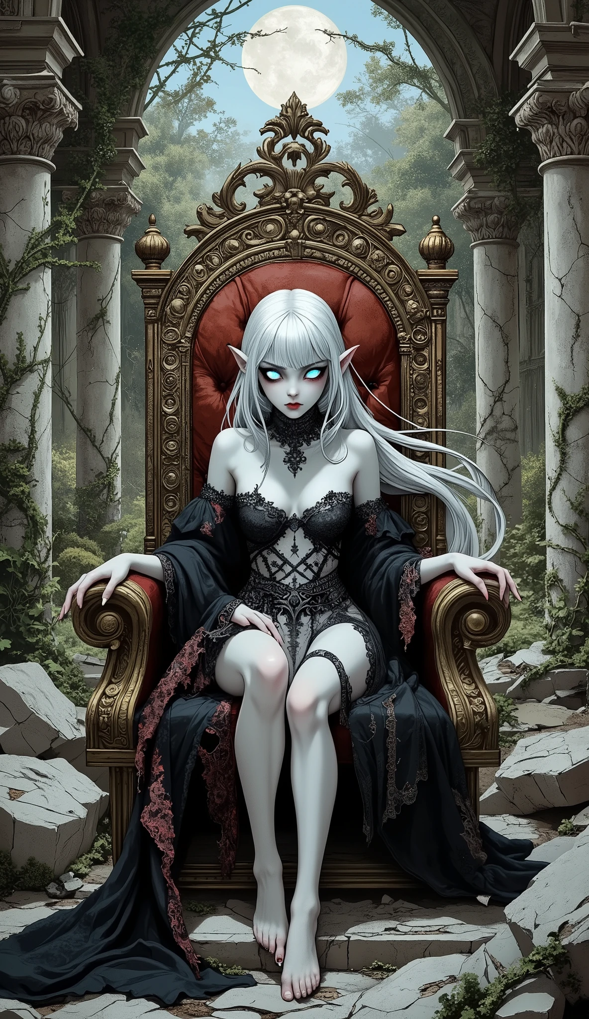 A fusion of Ukiyo-e and dark fantasy. Aesthetic and gothic digital art. Draw a detailed face. Look away.) BREAK (White hair. Blunt bangs. White eyebrows. Long white eyelashes. Almond-shaped eyes. Eyes that shine like blue neon. Thick, dark eyeliner. Small pink lips. Slightly pointed ears. Pale skin. Thin limbs. Thin fingers. White nails. Draw one thumb and four fingers accurately.) BREAK (A stunningly beautiful female lich elf, with a very pale complexion and luminous, neon-blue cat-like eyes. Her small, pink lips hint at a sinister allure, as if her immortal gaze is ready to draw your soul in. She is seated on a massive, ornate throne in the Queen's chamber of a ruined Italian Renaissance palace. Her attire is a complex and luxurious undergarment ensemble from the late medieval to Renaissance period, made of fine silk and brocade, but with a slight decaying, ethereal quality. The throne room is a decaying ruin, with crumbling marble columns and faded frescoes on the walls, overgrown with vines and moss. The lighting is dramatic and moody, with dust motes dancing in shafts of moonlight filtering through a broken skylight.)