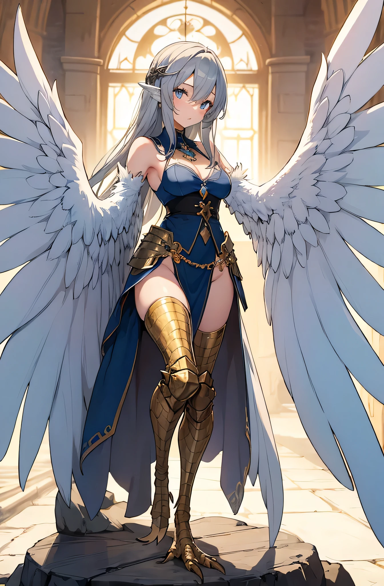 4K,High resolution,one woman,harpy,White purple hair,long hair,blue eyes,big breasts,white wings,golden nails,Valkyrie,white holy armor,winged hat,Jewelry Decoration,crystal decoration,gold decoration,Temple in the Sky