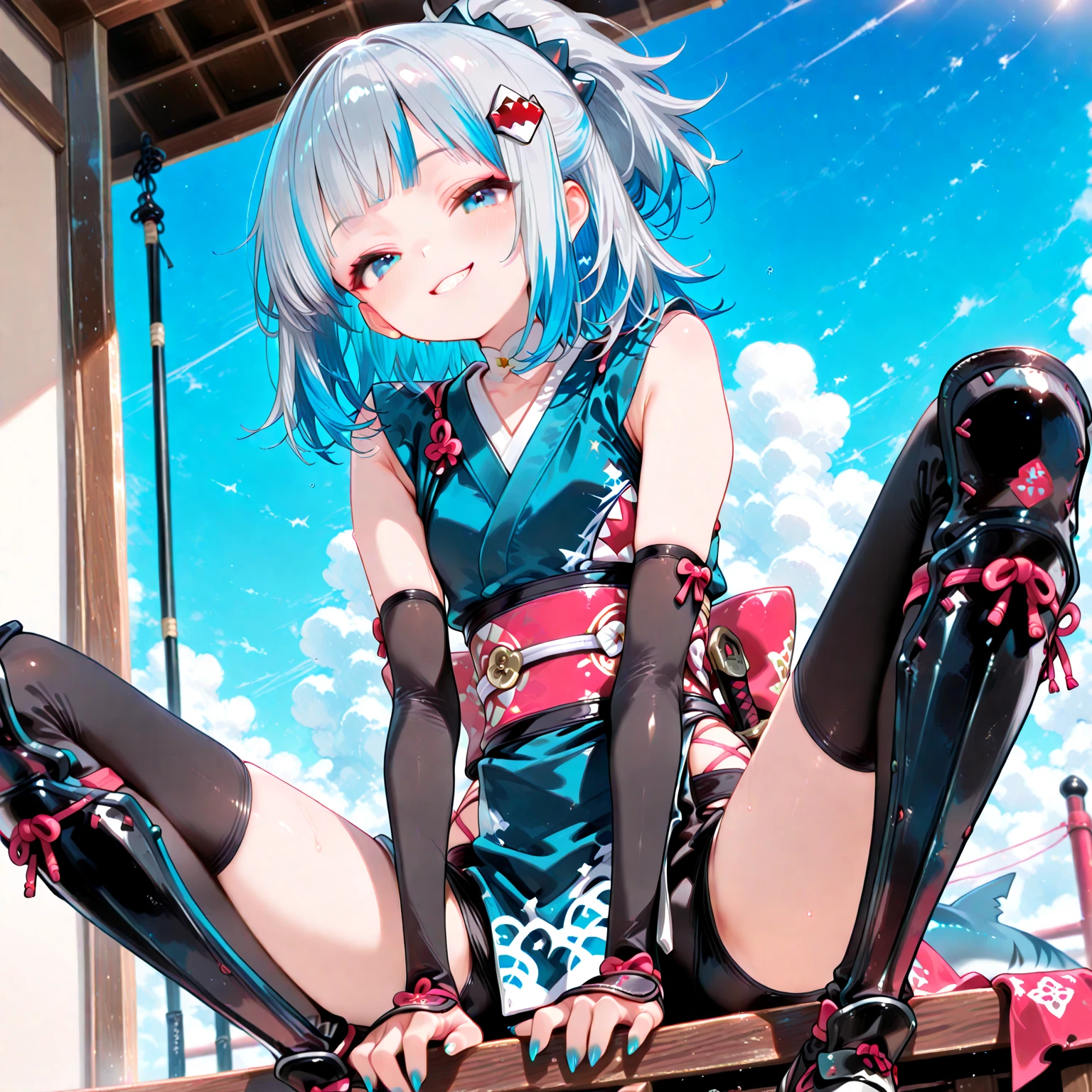 1girl, red eyes, blue hair, teal hair, gradient hair, two-tone hair, absurdly long hair, curly side swept bangs, red tattoos, leaves tattoos, male cool clothes, cool fashion, intricate clothes, intricate accessories, intricate patterns, cool, stylish, streetwear, leaves themed attire, teal trim, bare shoulders, 
off shoulder red jacket, sleeveless blue shirt, pleated skirt, two-tone skirt, teal skirt, blue skirt, red shoes, cross-lace knee boots, shoe soles, solo, looking down, serious, floating, falling, holding spear, action pose, action scene, dynamic scene, dynamic pose, ((dynamic angle, foreshortening, from below)), wind, motion lines, motion blur, blurry foreground, surreal, retro style, pop style, teal background, cinematic, cinematic lighting, cinematic shadows, atmospheric lighting,