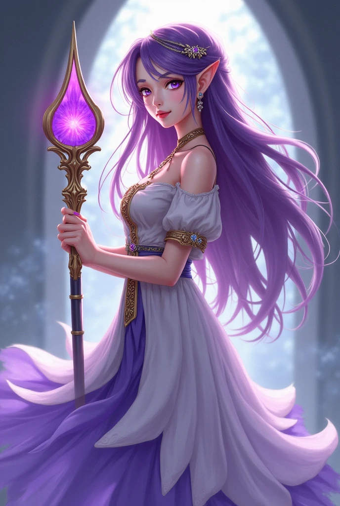 Purple hair and golden eyes elf Princess with a magic staff wand producing purple smoke and make it anime