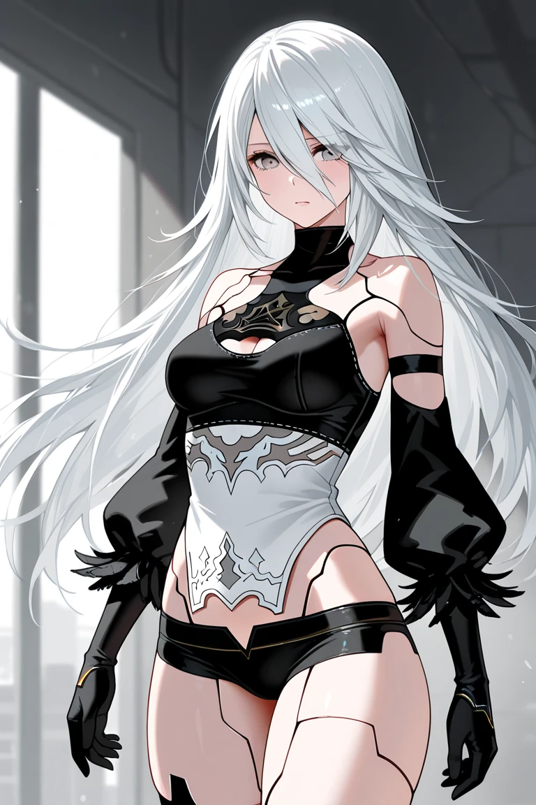 A girl looking down the viewer and she smiling. Her waist is thin and her hips are wide, She has yellow eye and white hair, our body marked in dress.