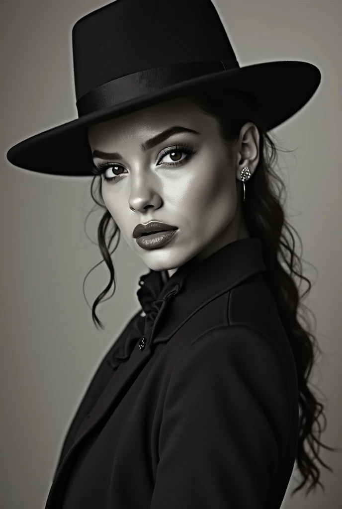 Gorgeous european woman with short hair, braided hair, wet hair, hair slicked back, combed straight back, slick hair, black gradient hair, dressed as a witch, hat, jewelry, cleavage, glamour, solid dark grey background