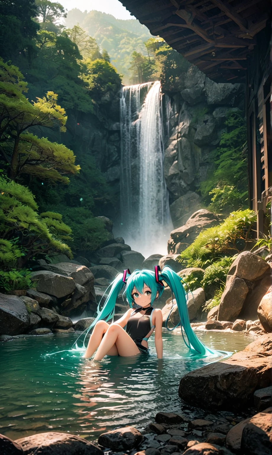 Under the sunlight filtering through the trees、Hatsune Miku smiling in a bikini。There is a waterfall nearby。4K