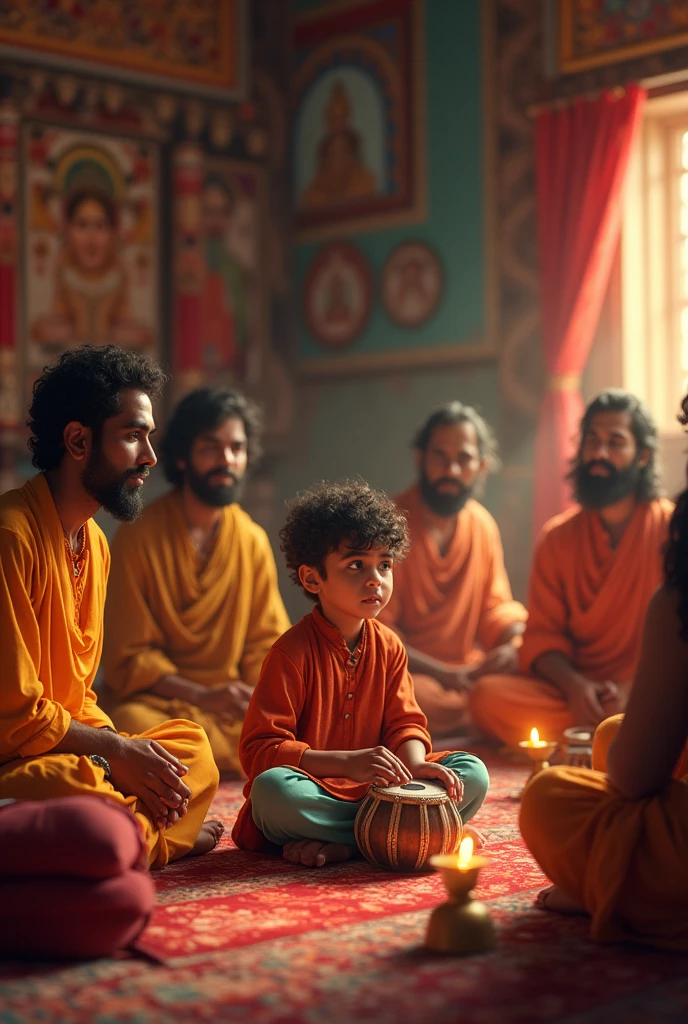 Skep 'n beeld waarin daar 'n groot huis is waarin twee gebore kinders op 'n bed sit en daar is baie mense rondom wat kleurvolle Rajasthani dhoti kurta dra en tulband op hul kop het.