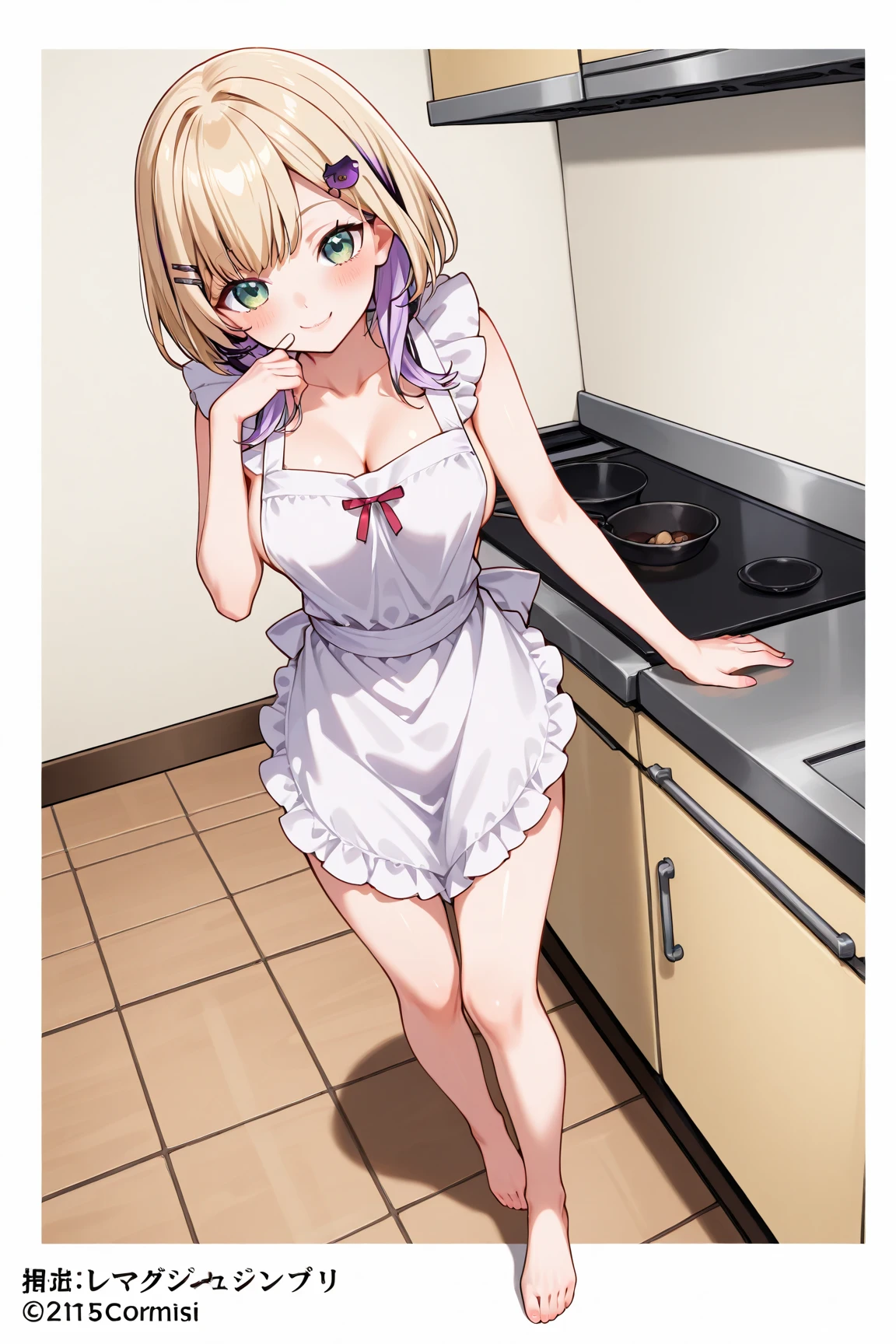 (anime artwork, anime style, studio anime, very detailed, up to date, vibrant, Anime Coloring, high contrast, masterpiece:1.2, best quality, best aesthetics),2 girl, Medium chest, A glimpse of thighs,random hair, One eye is hidden by the bangs, perfect proportions, high detail skin, Cute, detailed faces,kitchen, precise fingers,curvy, large breasts,cooking,apron on naked body,