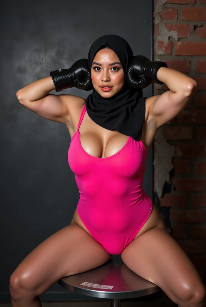 highest quality,shiny skin, a woman with hijab, full bikini with hijab woman, (whole body), ((pink tattoo below navel)), brown eyes,(heavy big breasts), (Chubby body type),(thighs thighs thighs),((red and black high thigh boots )),((Red and black bikini)),sitting,spread your legs,(Condescending eyes),from the front,(prison),night