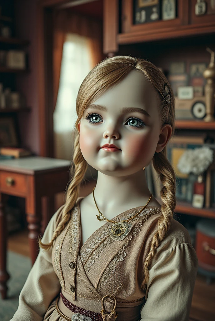 a beautiful porcelain doll, detailed face and expressive eyes, delicate features, long eyelashes, intricate dress, ornate accessories, detailed folds and textures, realistic lighting, warm color palette, classic Victorian style, high quality 3D render, ultra-detailed, photorealistic