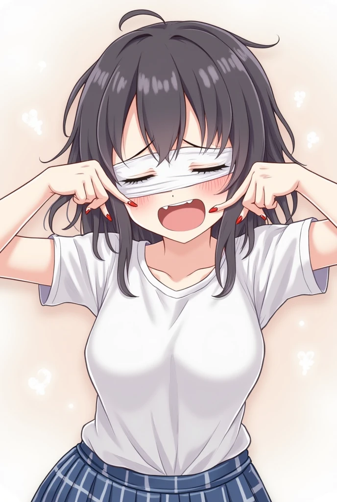 Beautiful girl at 13 years old,Japanese,,,Small and slim,Flat Chest,Small breasts,Baby Face,Small face,Black Hair,Twin tails,middle School girls,negligee,lingerie,garter,open mouth,Blindfold,tongue out,Kneeling and sitting,Beautiful and detailed anime art,high angle, looking at viewer, looking ahead, from above,cowboy shot,Sexy vibe,cum on tongue,On the bed,fellatio,Hands tied behind back,puzzled look