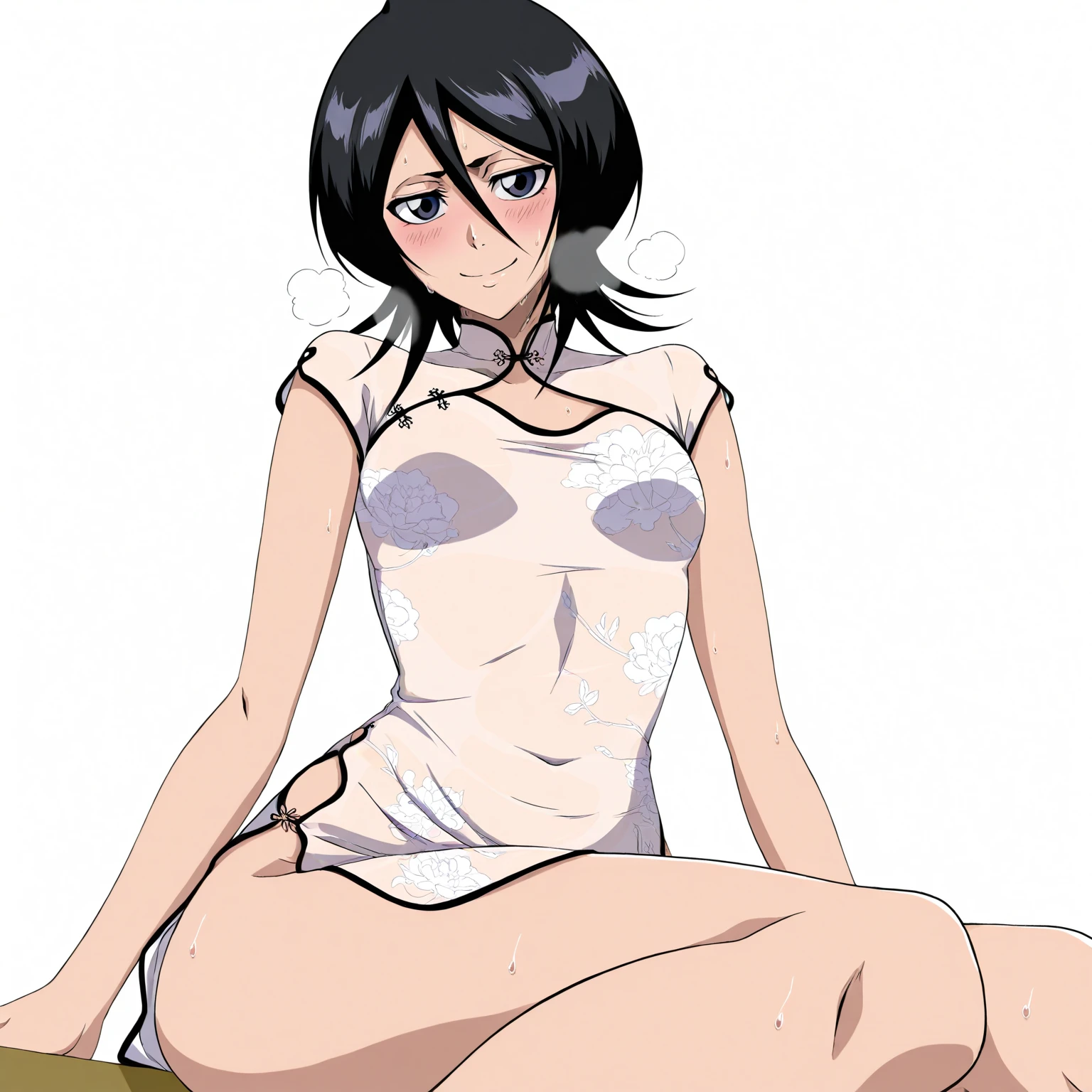jirou_kyouka, long earlobes, candid shot, bored expression, legs spread wide apart, perky breasts, eye brow raise, medium shot,   (simple background, sitting on a black leather couch, blank white walls:1.2), nude, nudity, exposed breasts, exposed pussy