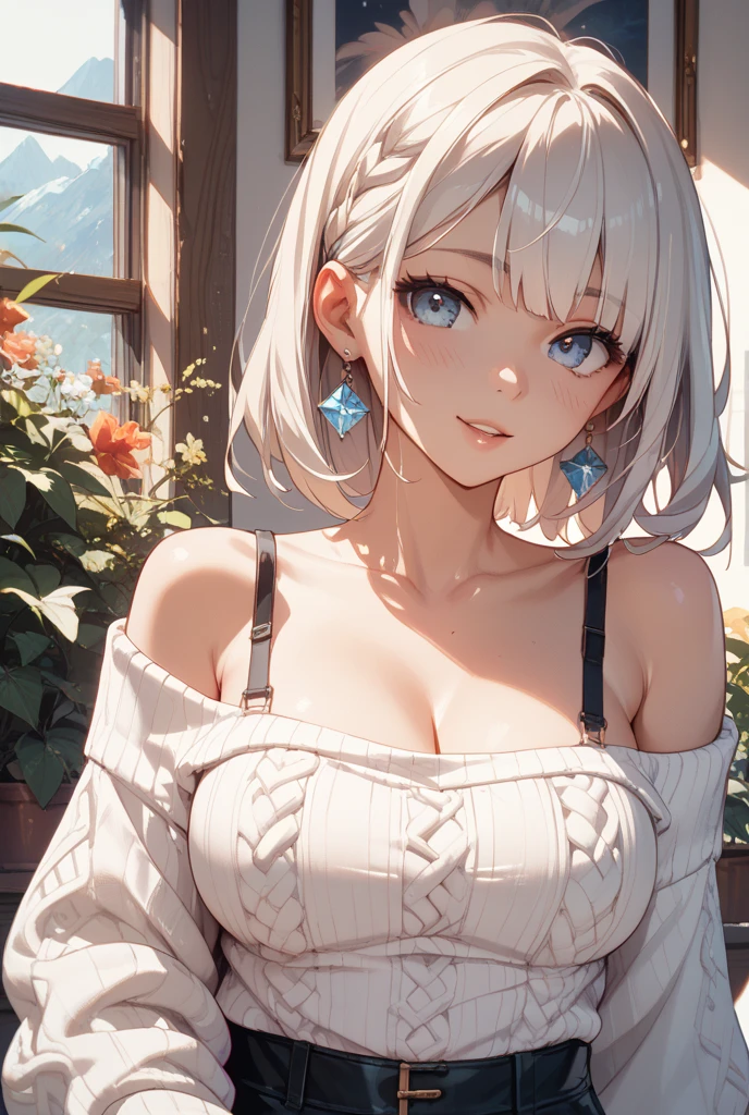 ((best quality)), ((masterpiece)), (detailed), 1girl, off-shoulder sweater, cat girl, white hair, watch, bracelets, necklace, breast peek, small breast, thick lips, big lips, white skin, light blue eyes, from side,