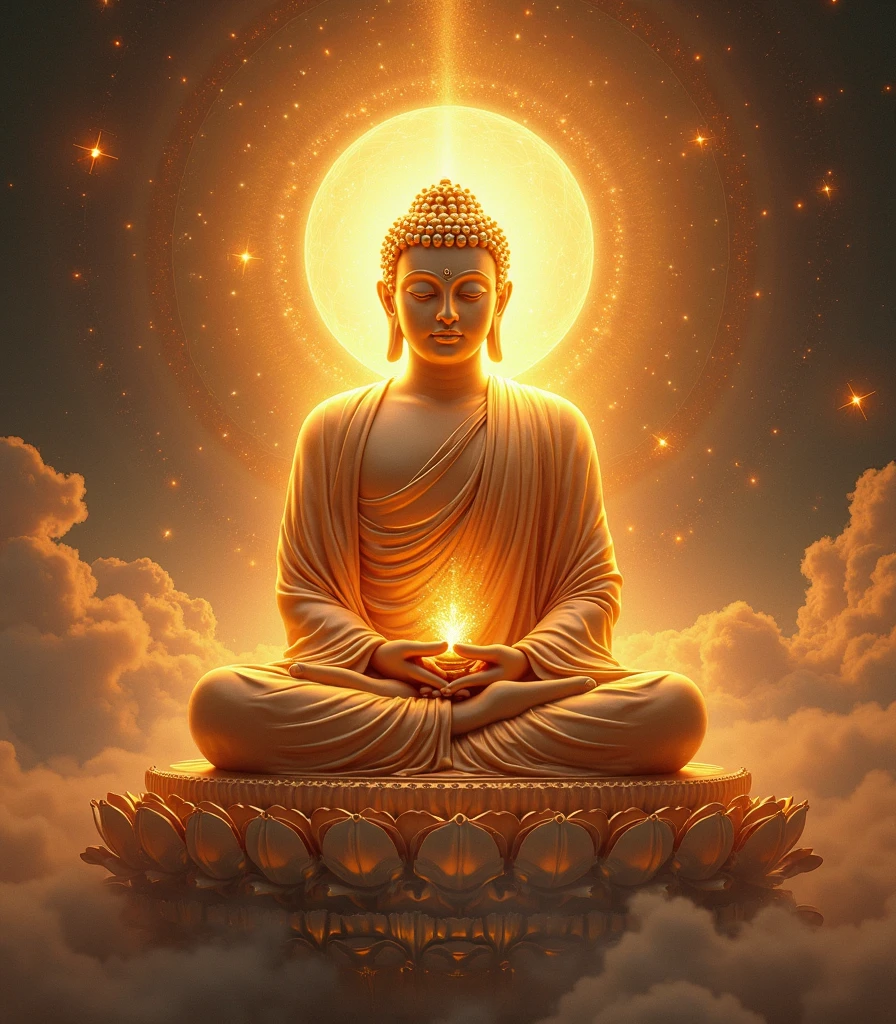 buddha with glowing lights and a glowing orb, buddhism, enlightenment. intricate, glowing from within, spiritual enlightenment, the buddha, on path to enlightenment, on the path to enlightenment, cosmic enlightenment, enlightened, beautiful depiction, emanating and flowing energy, samsara, glowing golden aura, an interdimensional being, the sacred cup of understading
