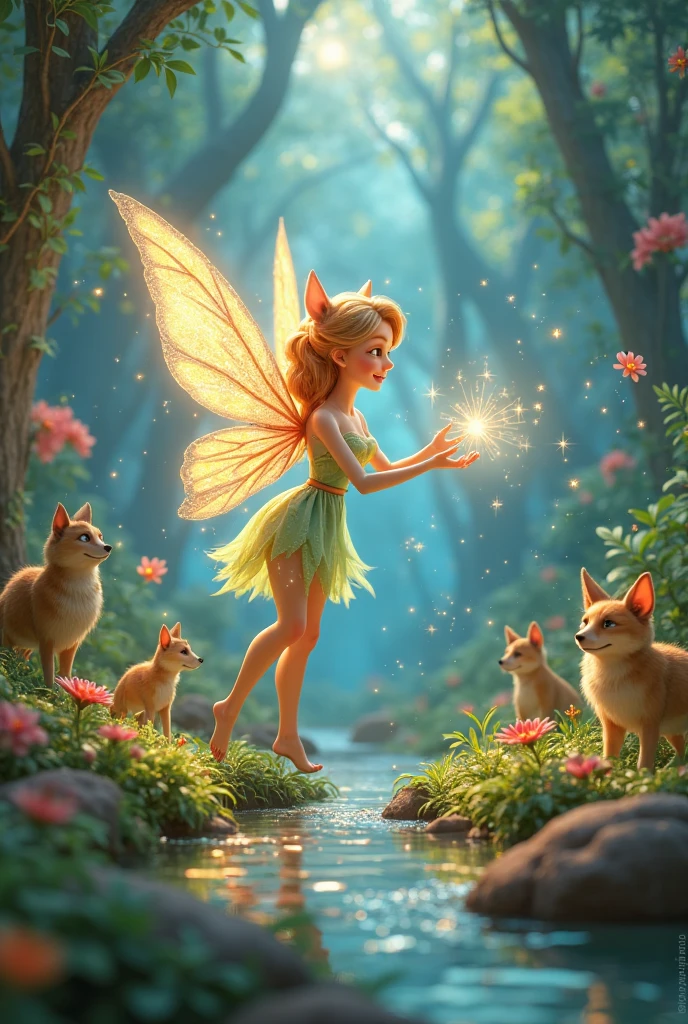 A mischievous fairy playing with woodland animals in a sunlit glade