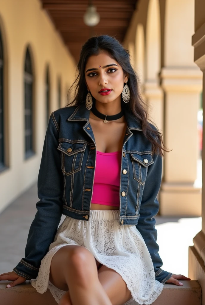 Indian girl 25 years old, beautiful, wonderful, sitting cross-legged, on the train in Delhi, alone, 1 girl, real, very high resolution, 8k, elegant jeans, luxury, fabulous body, top, blouse, red lipstick, sensual, sexy, earrings, black leather jacket, slight smile
