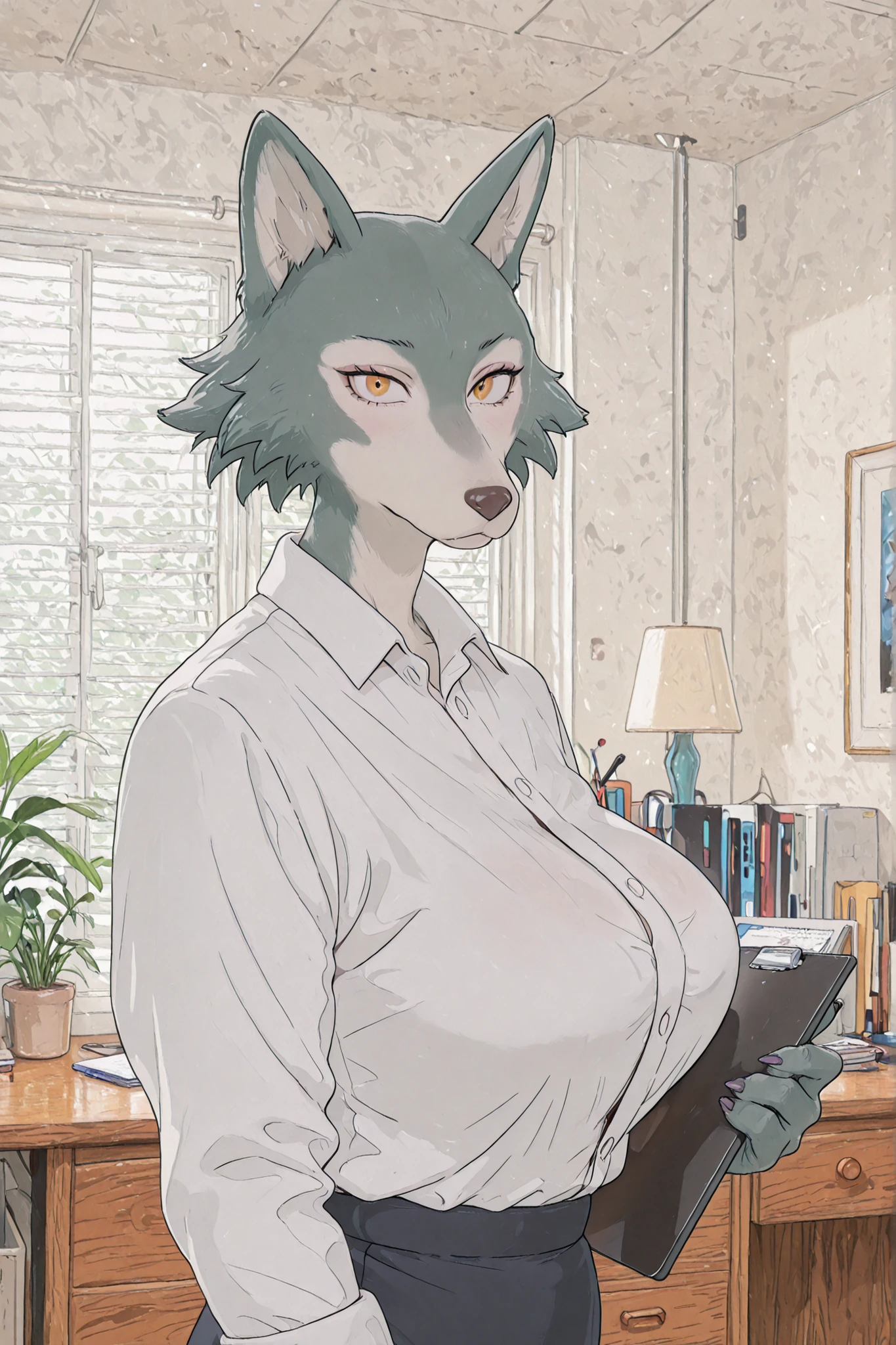 anthro, wolf, girl, big breasts, office wear, looks at the viewer,