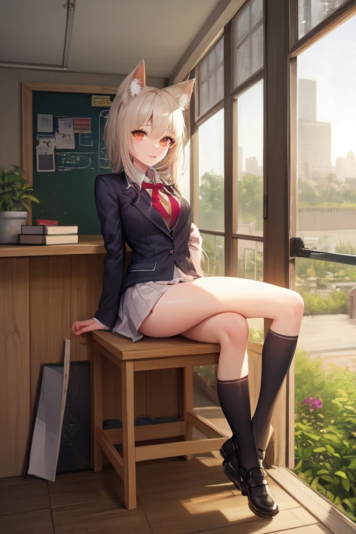 highest quality、masterpiece、1 girl、(blush:1.5)、(smile:1.5)、((fun!!))、cute、(silver hair)、dog ears、high school girl、((classroom:1.5))、()、、Kamimei、look at me、(No panties:1.3)、((shaved pussy:1.5)), ((red bow tie, , black jacket, open jacket, white cardigan, white shirt, black skirt, plaid skirt、black socks))、 (No panties:1.3)、((shaved pussy:1.5))、(highly detailed closed labia:1.5)、light blue eyes、long hair