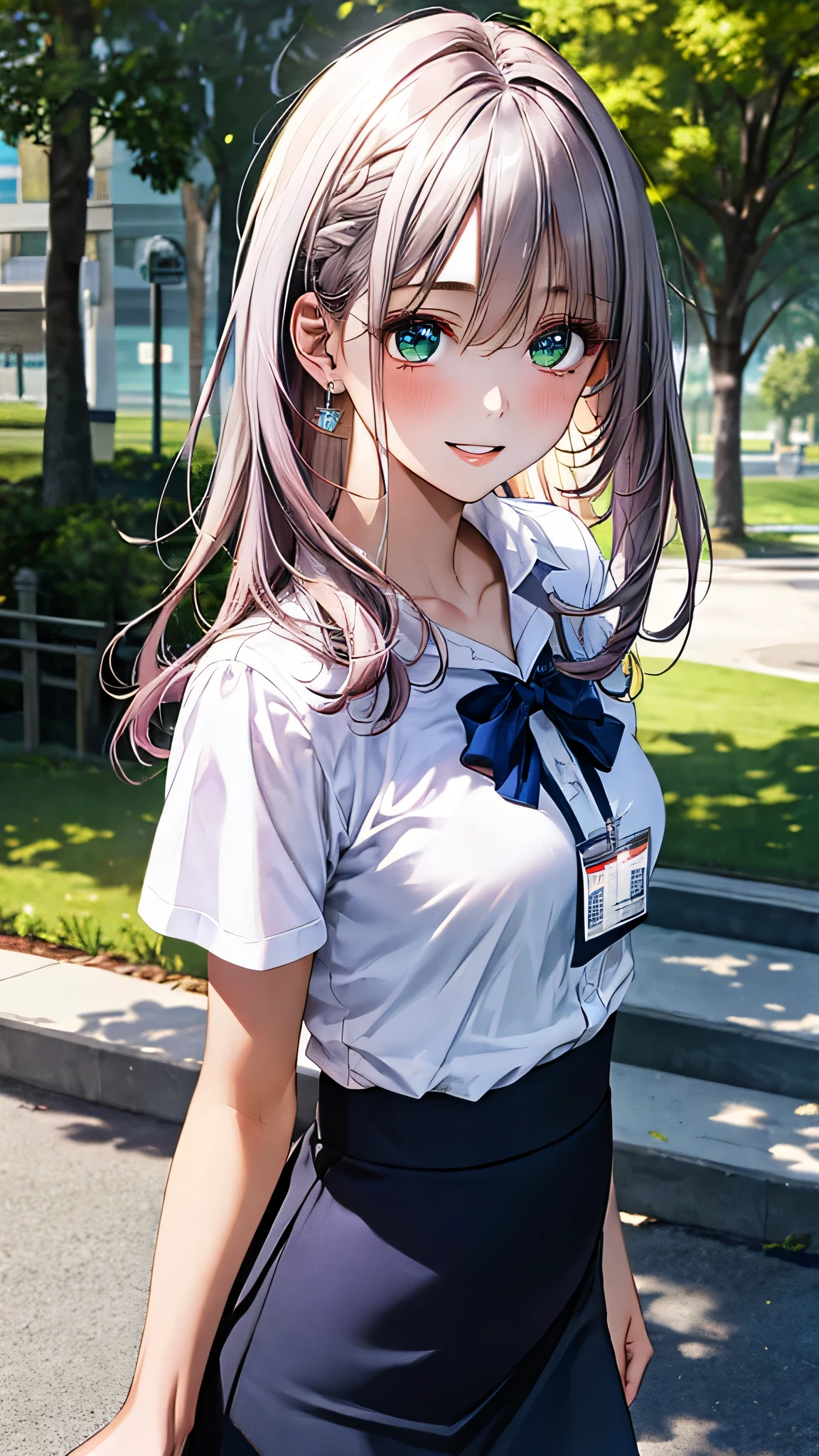 Anime girl with long gray hair sitting on a bench in a school uniform ...