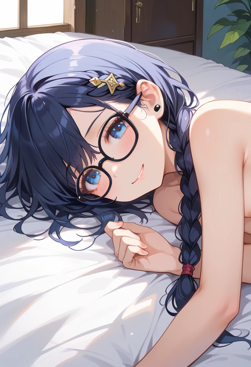small breasted girl, short, elementary school student, royalblue hair, single braid, blue eyes, round eyes, shy, shy, bed, naked, short, young face, short height, has a buttock,nipples are visible,pussy are visible,(flat chest:1.2),glasses with no edges,spread pussy,,lying on back