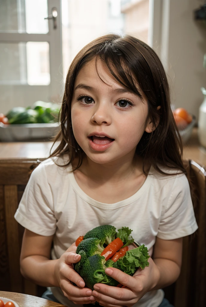 There's a baby sitting in a high chair smiling, sentado em sua cadeira alta, garoto fofo, photo retrato, retrato, retrato image, retrato picture, bochechas rosadas, retrato!!, candid retrato, mid shot retrato, retrato completo, retrato shot, wide retrato, close up retrato, closeup retrato shot, cute retrato, Rosto inocente, holding a broccoli in his hand 