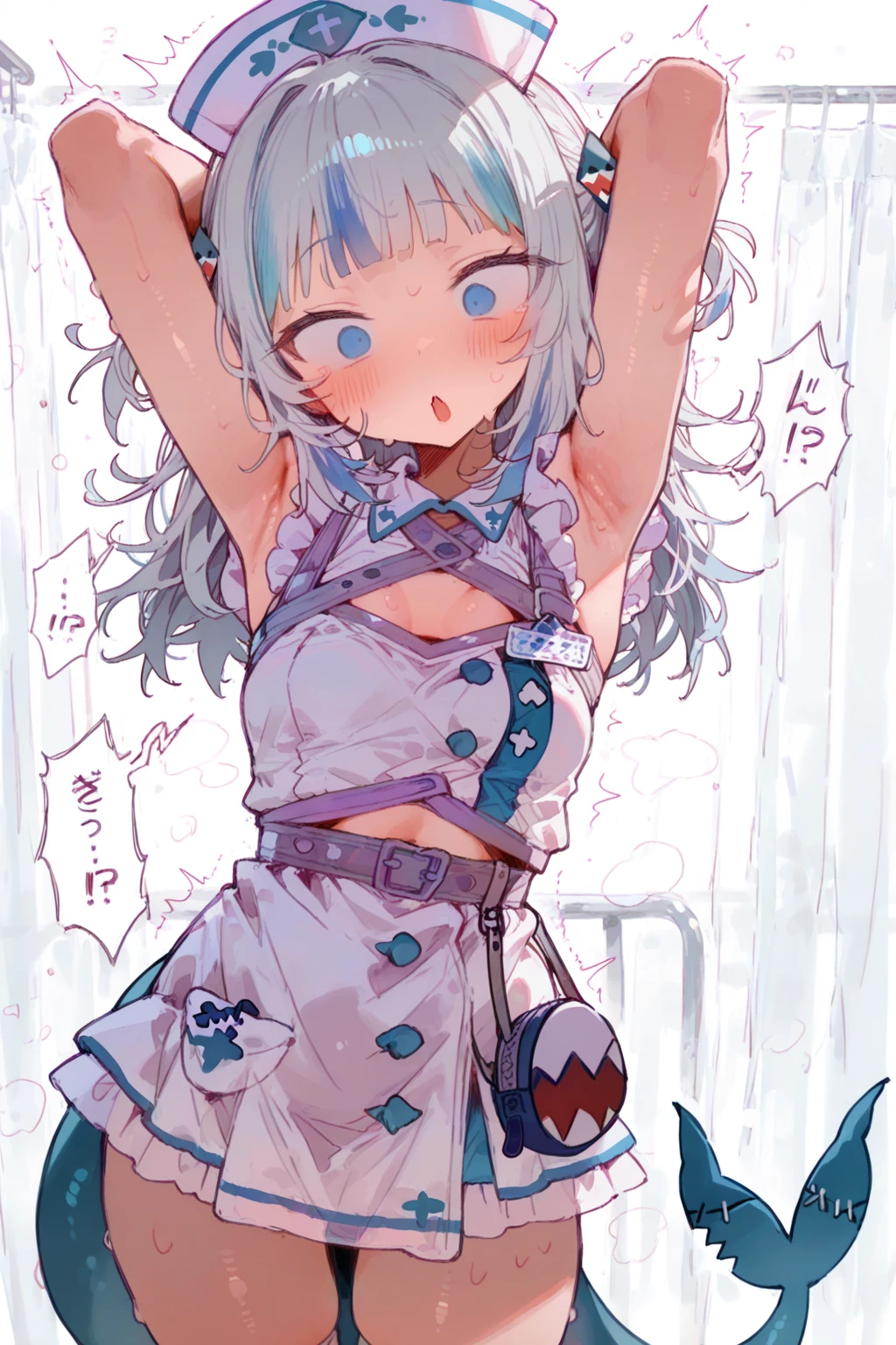 (best quality, ultra-detailed, realistic:1.37), HDR, [surreal], portraits, vibrant colors, soft lighting, [silver hair], [beautiful detailed eyes], [beautiful detailed lips], [shy expression], [blushing nose], [hood], [black bra], [exposed belly button], [checkered], [avoiding eye contact], [slightly opened mouth], [rough breathing]