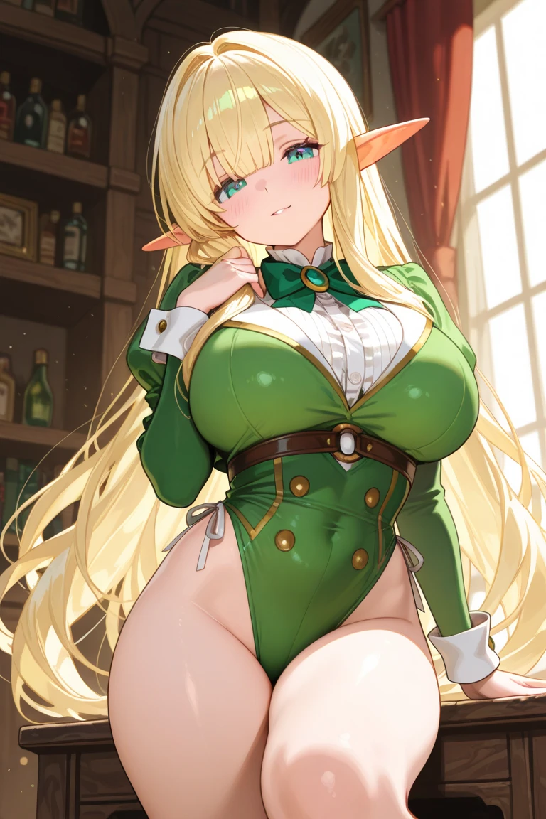 female, blonde long hair, green eyes, (((1girl))), (((light green corset))), (white panties), (light green heels), (white stockings), (white opera gloves), cute and sexy, full body, large breasts, large butt, long legs, smiling