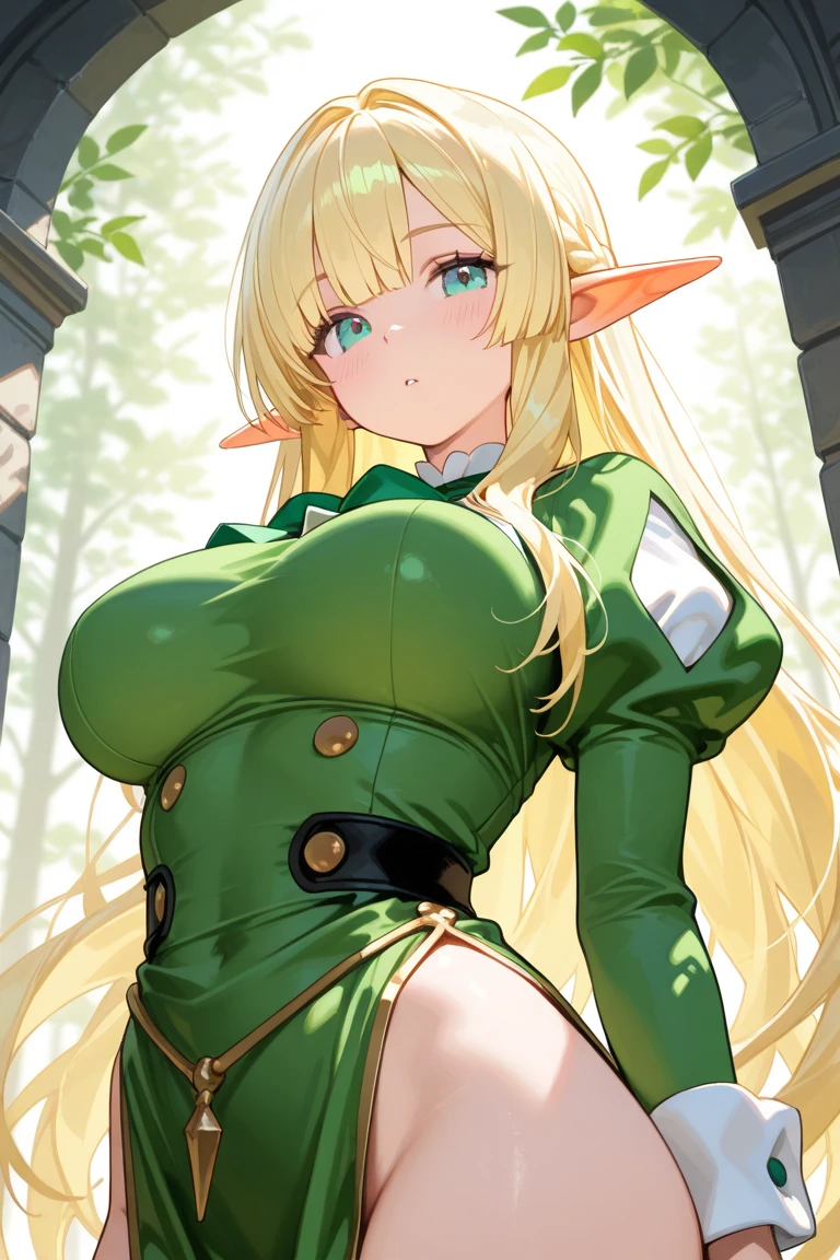 1 masterpiece, perfectly detailed, 1 girl, beautiful girl, solo, long hair, brown hair, big natural breasts, green eyes, perverted look, out chest, skirt, white thigh-high stockings, gold shoes, perverted smile, full body , hair hime style cut, standing, front view, anatomically perfect body, finely detailed face.