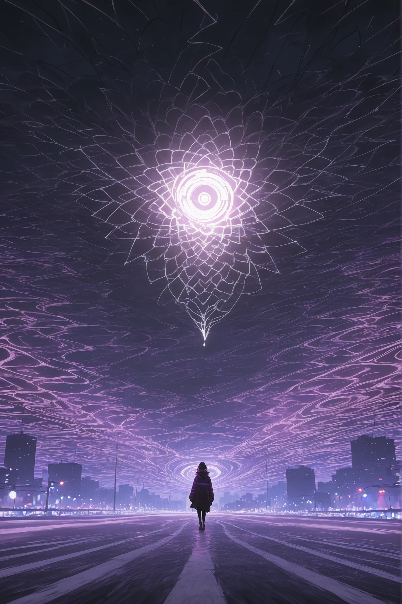 Best Picture Quality, Photography Level, Ultra HD, abstract, Faulty lights flickering in the night view of the city, Purple arcs under a dark sky, The outline of the city looms, Full of apocalyptic atmosphere