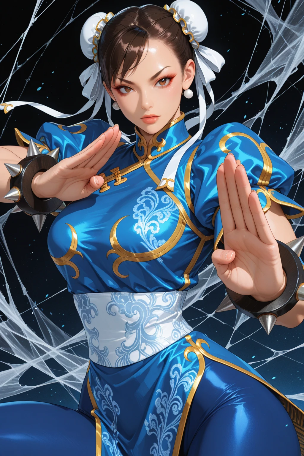 (best quality, masterpiece, colorful, dynamic angle, highest detailed) \Chun-Li\, cowboy shot, fashion photography of cute (Chun-li), kung-fu pose, closed fists (ultrahigh resolution textures), bokeh, (intricate details, hyperdetailed:1.15), detailed, light passing through hair, fantasy background, (official art, extreme detailed, highest detailed), HDR+