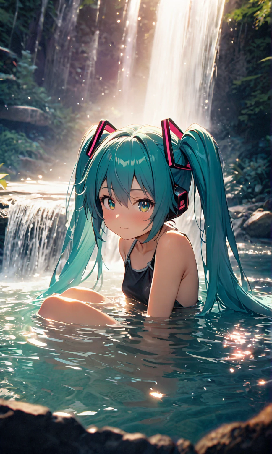 Under the sunlight filtering through the trees、Hatsune Miku smiling in a bikini。There is a waterfall nearby。4K