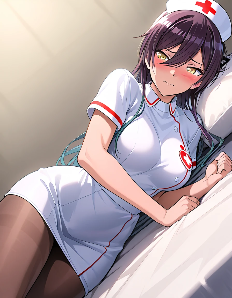 Made, absurderes, Hinata\(Boruto\), 1girll, Solo,Mature female, view the viewer,Perfectcomposition, Detailed lips, big breast, Beautiful face, body propotion, Blush, (Pink lips), Long hair, Purple eyes, Soft gaze, Sad smile, Super realistic, Detailed, photoshoot, Realistick faces and bodies，（Wearing a nurse's uniform，nurses uniform，A nurse's headdress is worn on his head，Wear extra-short jeans，Long white stockings，There is a rabbit tail tied on the butt），（perspire，Sweat a lot，Blushlush，Be red in the face，I had a lot of sweat on my face，Blushlush），（Bigboobs），In luxury hotels，get down on the bed，Enchanting pose，NSFW , cuerpo completo 