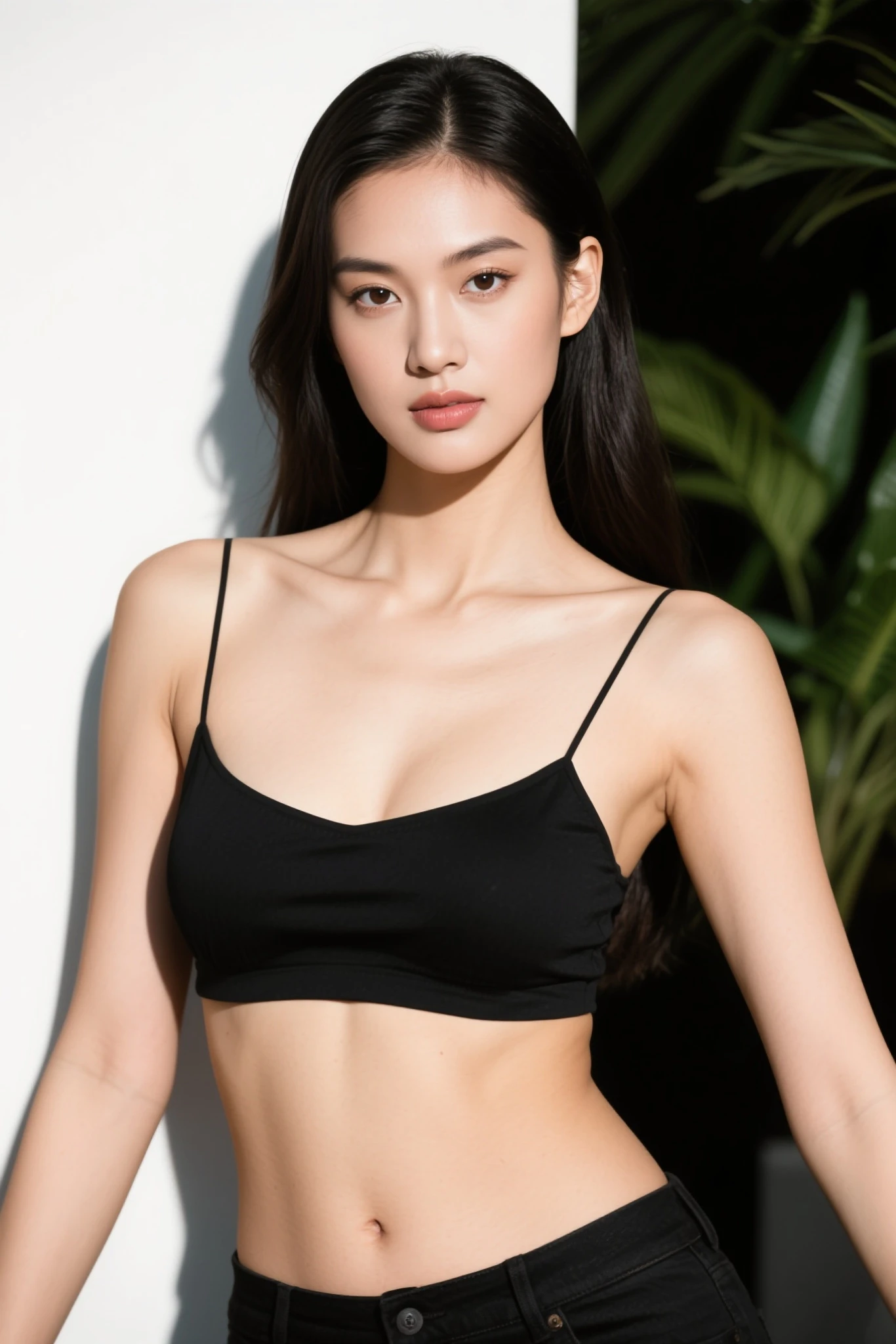Create a (( mid-shot )) photorealistic image of a beautiful Asian woman with fair, smooth, flawless skin. She has large, round, sparkling eyes with naturally long and curled eyelashes, and well-defined, dark eyebrows. Her nose is straight and high, and her naturally pink, soft lips form a gentle smile. She has short, slightly curled brown hair that highlights her delicate facial features. Her face is oval-shaped, with a wide and high forehead, moderately high cheekbones, and a pointed, slender chin. She is wearing a black lingerie that complements her elegant and feminine appearance. (( waist to top))
