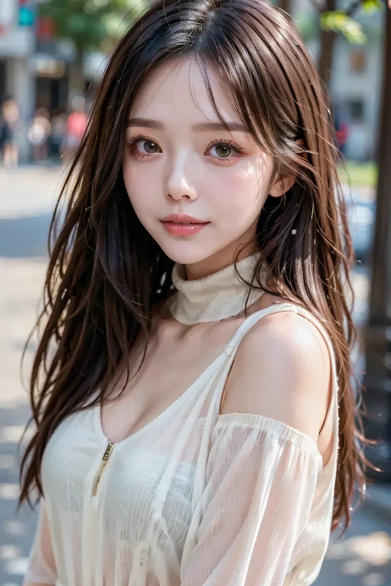 high resolution, 1 beautiful young woman, 20 years old, 8k,best quality, masterpiece, ultra high res,(photorealistic:1.4), RAW photo, (fair skin:1.2), wearing a white clothes, 85mm lens,f/8.0, background, gyaru, brown hair, Perfect female body, looking at viewer, beautiful eyes ((white shirt)), (cleavage:0.9), (cute:1.2), ((jpop idol)), (upper thigh:0.6), (depth of field),soft light, Lens Glow, full body, (neat Lady:1.2)