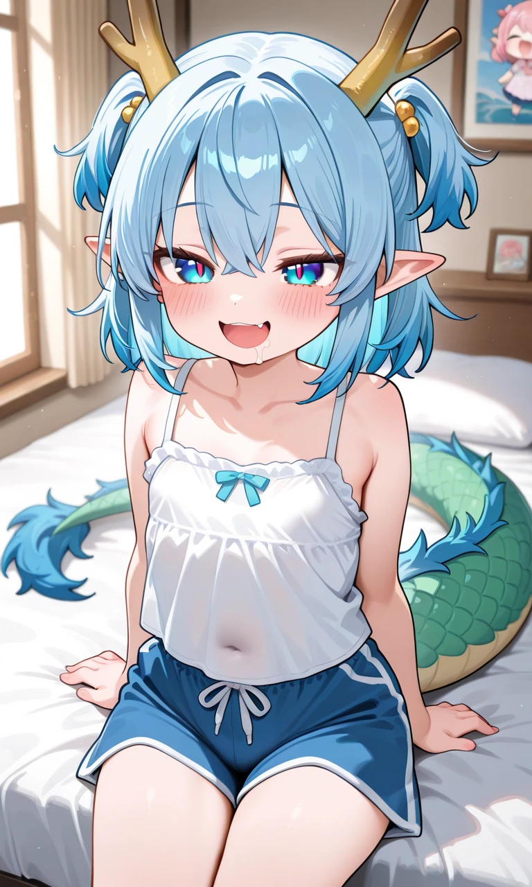 cute young girl, light blue hair, long hair, small braids hair, yellow eyes, dragon horn, dragon tail, elf ear, muscular body, small breast, nude, sleep pose, having sex, to much cum, saliva, penis put in, ahegao, grab breast
