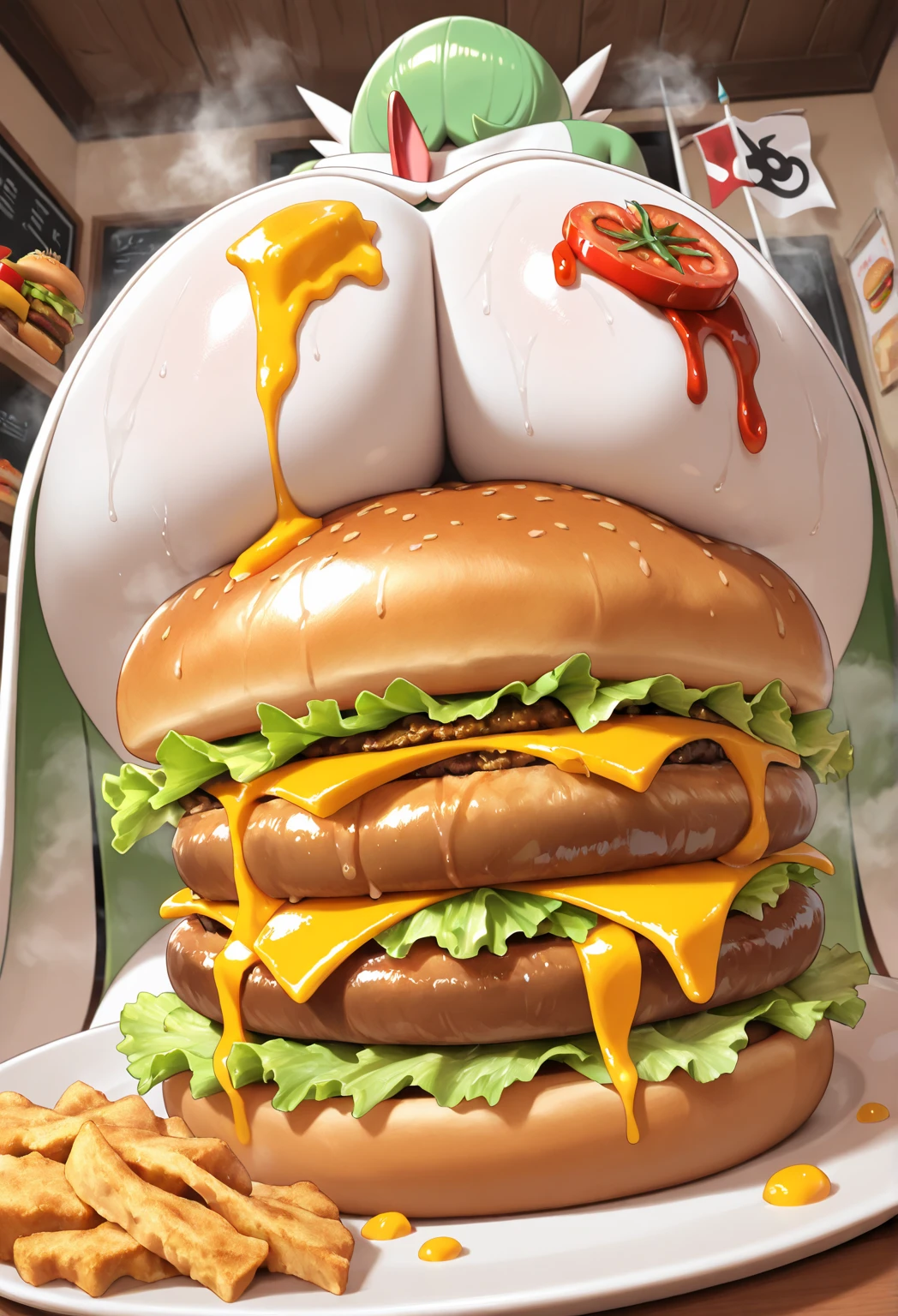 Christina Hendricks, realistic, masterpiece quality, wearing blue jeans, topless, bare breasts, (naked breasts:1.5), fat body, fat belly, eating hamburgers, (eating:1.5) sitting at McDonalds, at busy McDonalds restaurant, lots of hamburgers on table, (gigantic breasts:1.9), stuffed belly, big fat belly, obese belly, (obese belly:1.5), sweating, (sweating:1.5), ssbbw, (ssbbw:1.9), too fat to move, belly stuffed to the brim with food,