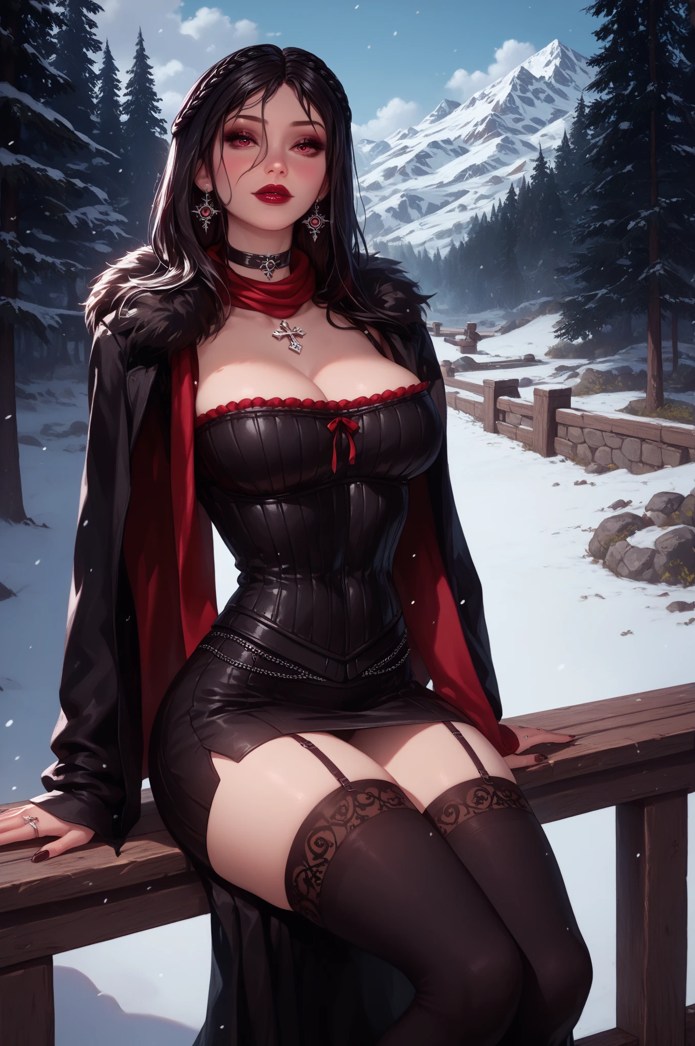 gothic reindeer girl,(((1girl))),((extremely cute and beautiful black haired anime gothic reindeer girl)),

(((anthro furry:1.2), Playboy_Reindeer, reindeer_antlers,(huge antlers:1.2),)),(large breasts:1.4),saggy breasts,((((black curly hair:1.35,medium hair,colored inner hair,ear breathing)))),(((red eyes:1.3))),intricate eyes,beautiful detailed eyes,symmetrical eyes,big eyes:1.5,((fat)),(((lustrous skin:1.5,bright skin: 1.5,skin tanned,shiny skin,very shiny skin,shiny body,plastic glitter skin,exaggerated shiny skin,illuminated skin))),(spider lower abdomen,narrow waist,wide hip,athletic body,inflated legs,delicate detailed fingers,detailed body,detailed arms,human hands,(detailed face)),

cute,slutty,seductive,erotic,(((nsfw))),

zettai ryouiki,revealing clothing,show skin,(((Sexy goth fur coat, goth fur coat outfit, wearing a goth fur coat:1.3,dark red winter coat))),((red goth mini-skirt,red goth mini skirt with furry edge,visible thong straps)),(red gothic clothes,semi-naked,with little goth clothing),((((Black Eyeshadow,Thick Black Eyeliner,Long Dramatic Eyelashes,Black Lips,moon Accessories,ravens ornaments)))),((ravens on her clothes)),(((intricate outfit,intricate clothes,embroidered outfit,ornate outfit))),

(dynamic pose:1.0),embarrassed,(centered,scale to fit dimensions,Rule of thirds),

((snowy pine forest at night)), with dark stormy clouds,winter,scenery:1.25,((snow forest background)),Christmas tree,

highres,sharp focus,(ultra detailed,extremely detailed),(photorealistic artwork:1.37),(extremely detailed CG unity 8k wallpaper),(((vibrant colors,vibrant theme))),(intricate),(masterpiece),(best quality),