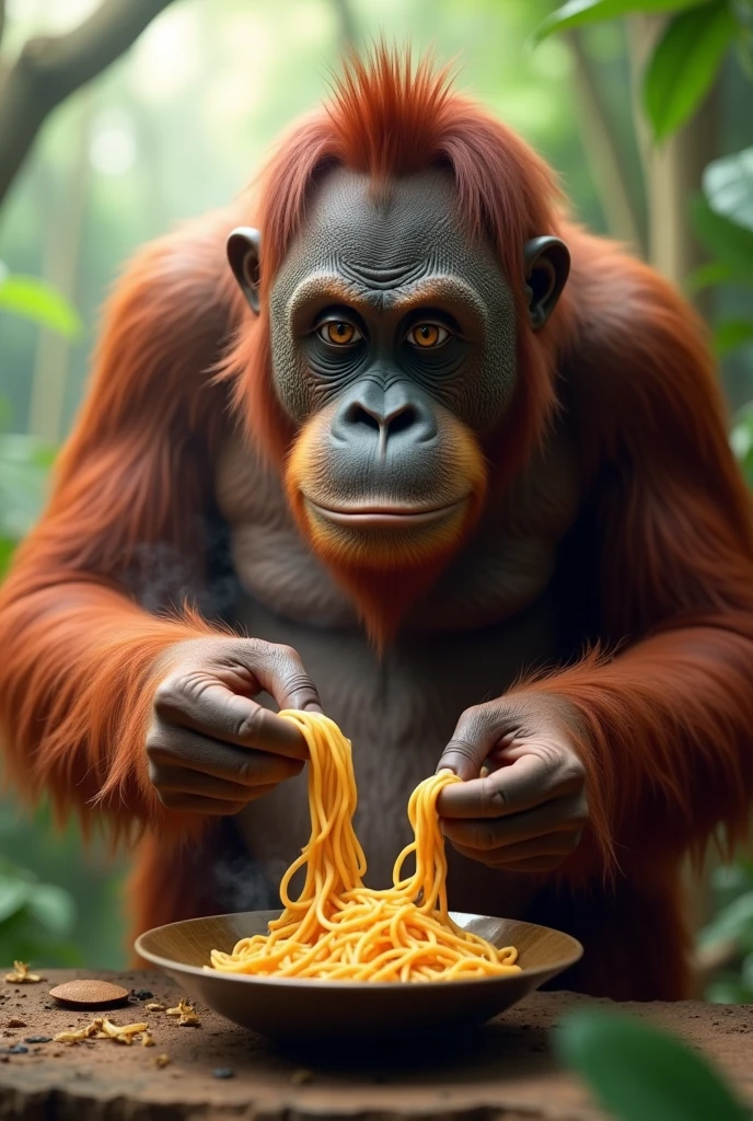 An orangutan with red, bloodshot eyes, holding a cigarette in one hand and a snack in the other.
