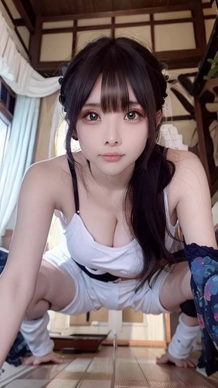perfect photo, (masterpiece), best quality, expressive eyes, perfect face, Perfect hands, High resolution, high image quality, realistic skin texture, Realistic, Japanese, Girl, 20 years old, Light Brown hair, bangs, Braided twin tails, Hair Ribbon, brown eyes, big eyes, small face, blush, orgasm, Choker, nude, Big saggy, Pussy, Thigh Highs, bed, Sitting, Spread legs, Female Masturbation, Outside the window is the sunset, nfsw