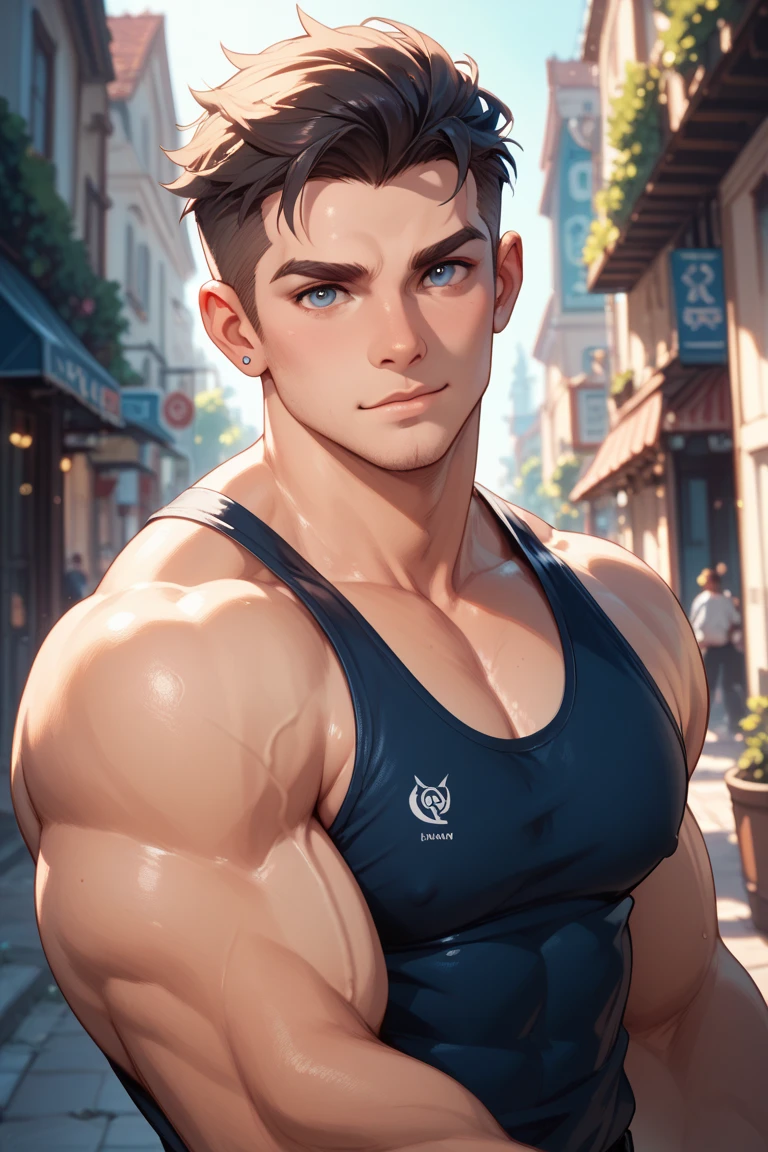 sunny day,sunlit,  he has brien tanned skin, which everyone thinks is very sexy, he has perfect handsome chiseled face with gorgeous deep blue eyes,he is walking in a street in a sunny bday, showing off his sexy abs, he has shaved his body hair and shaved pubic hair, he is also wearing a low waist white shorts.he is smiling flirting,
