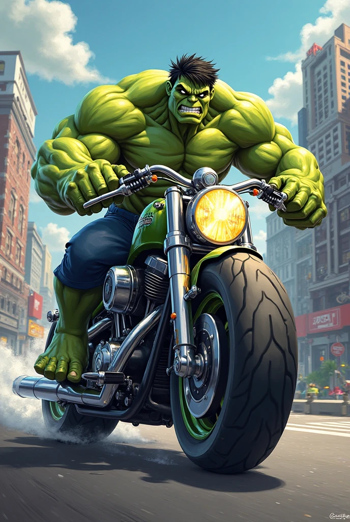 /create prompt:The Hulk, with his immense strength and green rage, riding a robust Hulk-themed motorcycle through a rugged terrain, showcasing his raw power and intensity in motion. The scene starts with the Hulk, in his towering and muscular form, effortlessly straddling his motorcycle, which is built to withstand his extraordinary strength and size. As he roars to life, capture the ground trembling beneath him and the thunderous sound of the engine. Utilize earth-shaking camera angles and gritty landscapes to create a cinematic and impactful atmosphere. During his motorcycle ride, the Hulk bulldozes through obstacles, leaps over chasms, and demonstrates his incredible endurance as the motorcycle tears through the terrain. He barrels through forests, leaving shattered trees in his wake, and creates dust clouds as he skids to dramatic stops. As the sun sets, showcase the dynamic play of light and shadows, emphasizing the Hulk's colossal presence.
