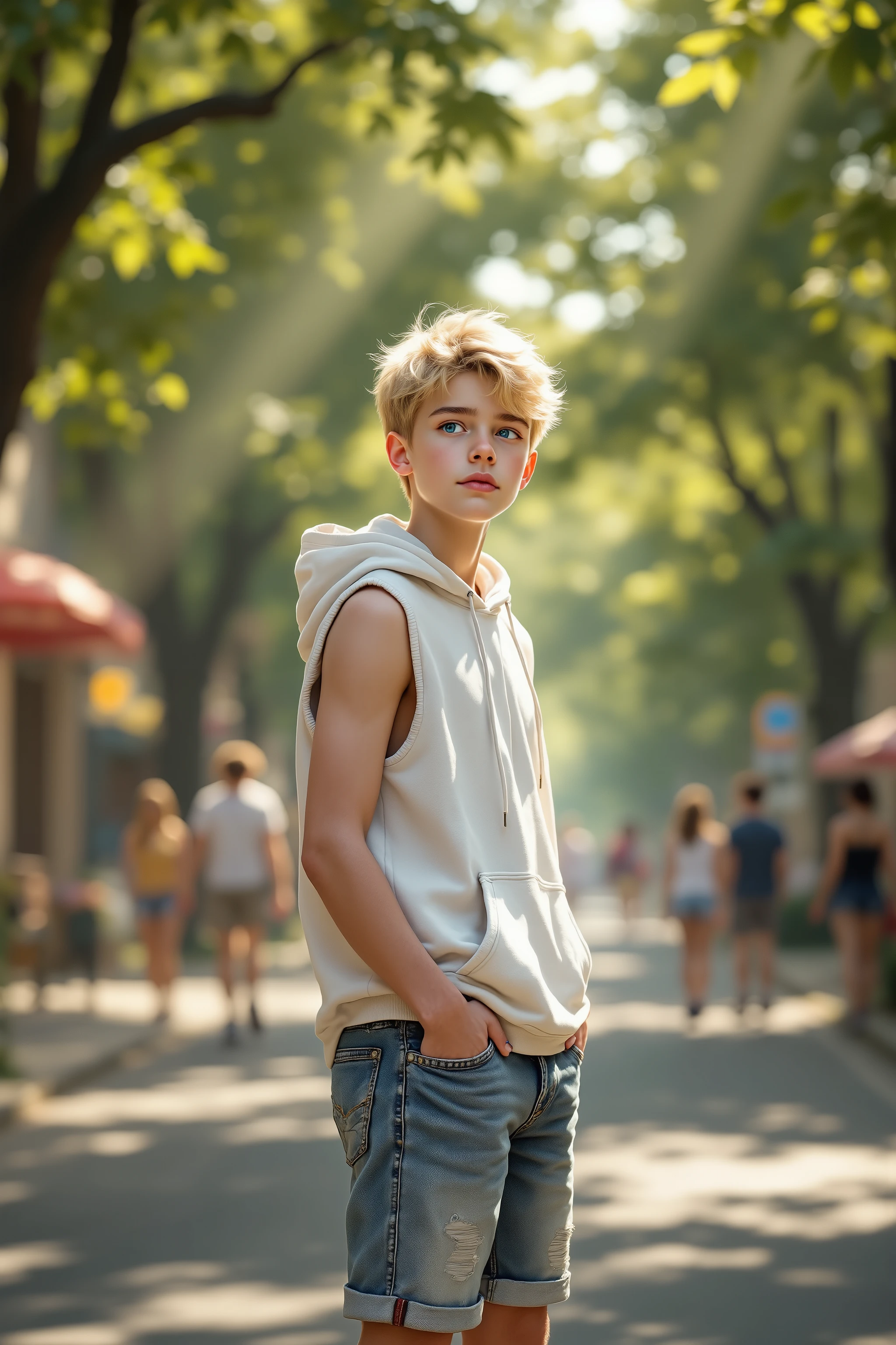 (Photorealistic), (Highly Realistic), (RAW Photo), 1boy, (Young Boy), Solo, (Very Short Blonde Hair), (Detailed Blue Eyes), (White Sleeveless Hoodie), (Faded Short Jeans), Summer, Noon, (Sun, Bright Sunlight, Lens Flare), Street, Pedestrians, ((Tree-lined Road in Lush Summer Landscape, Many Trees, Very Lush Leaves)), (Masterpiece), 8k, (Highest Quality, High Quality, Best Quality), (Ridiculous Resolution), (Highly Detailed Shading), ((Diagonal Side View, Top View, Turn Head)), ((Cowboy Shot)), (Hands in Pockets), (Highly Detailed Realistic Background, Blurry Background),
