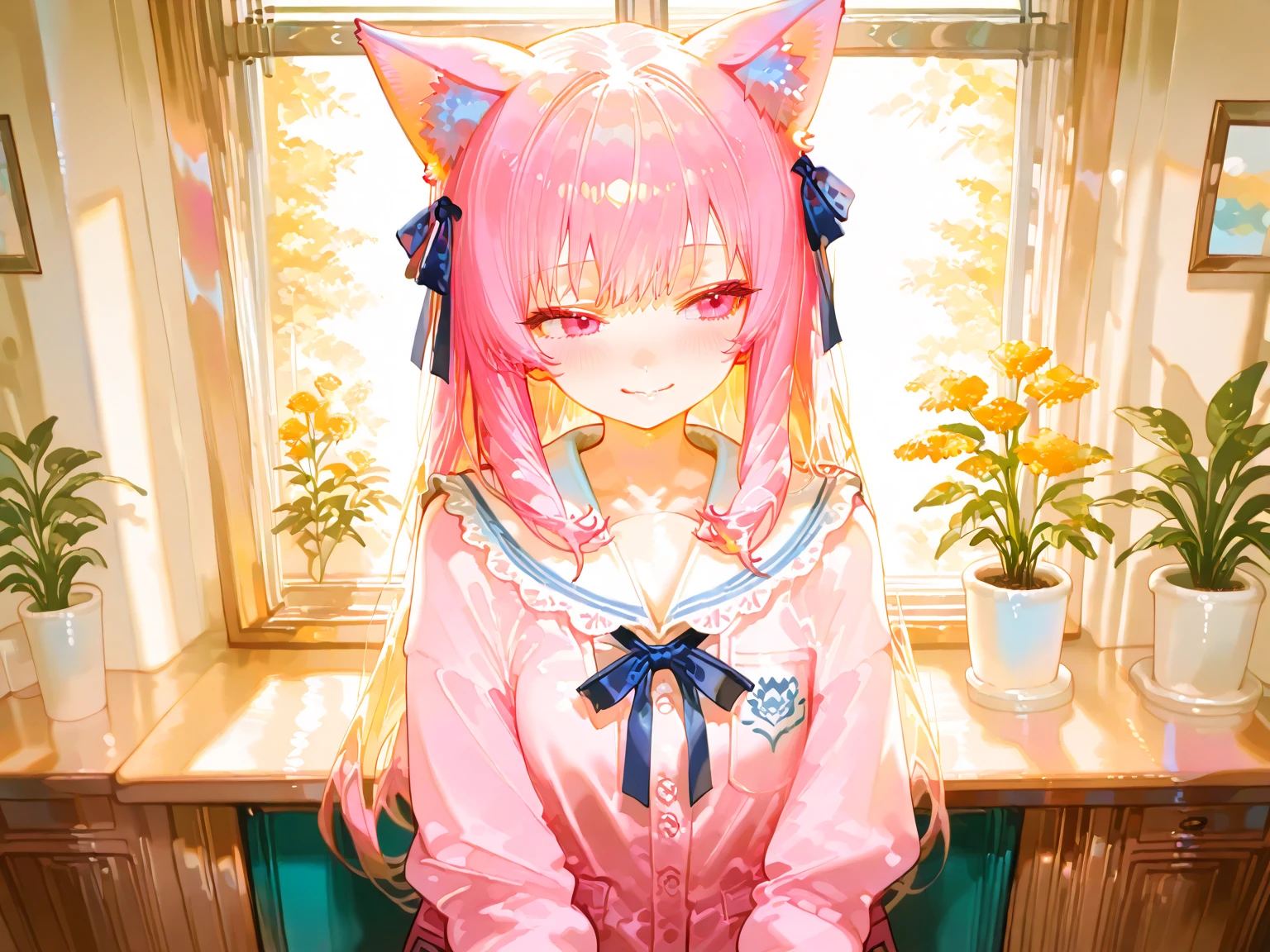 a white rabbit costume from Alice in Wonderland with Alarm Clock, (Cute a little girl:1.5), (masterpiece:1.3), anime visual, (tilt head:1.3), extremely delicate face, realistic lighting and shading, (an extremely delicate and beautiful art:1.3), smiling, smiling, full body shot, fullbody shot, from front, a  has pink pigtails, cat ears, heterochromatic eyes, with her right eye being a vivid pink and her left eye a bright blue, Height 120cm,wariza,with a black cat,a cat's eyes are heterochromatic eyes, with right eye being a vivid pink and her eye a bright blue,