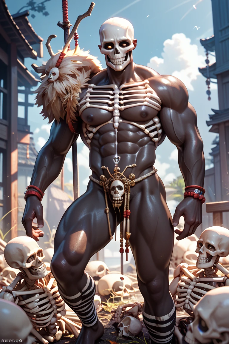 Red Demon, Muscular, Pecs, Abs, , Skull Head, Tail, Hands behind the Head, Loincloth, Bulge, Smirk, Teasing, Big Pecs, Tattoo on the pecs, legs, Standing, Pond, Wet Body, Feet Submerged in the pond, Sunny, Water Dripping of the Body, No eyes, High Res, High Quality, Best Quality, 