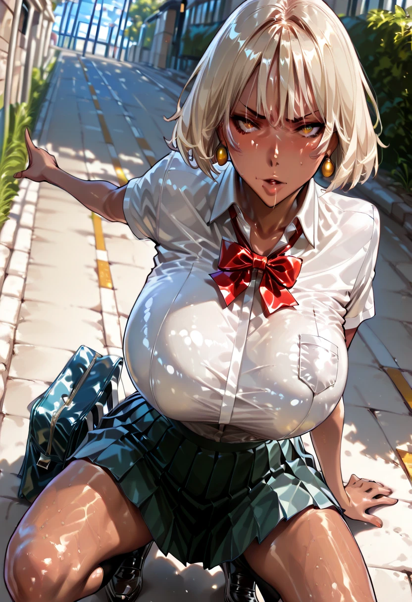sexy girl, 1girl, very short black skirt, big breasts, chubby body, masterpiece, beautiful successor, long silk silver wavy hair, the most beautiful masterpiece, big breasts, best high quality, beautiful green eyes, green eye, HD Background, cinematic lighting, 30-year-old girl, age 30, very tight mini skirt, tight, white shirt, wet skin, soft skin, black light tight sock, soft light long sock, hdr, One girl, one