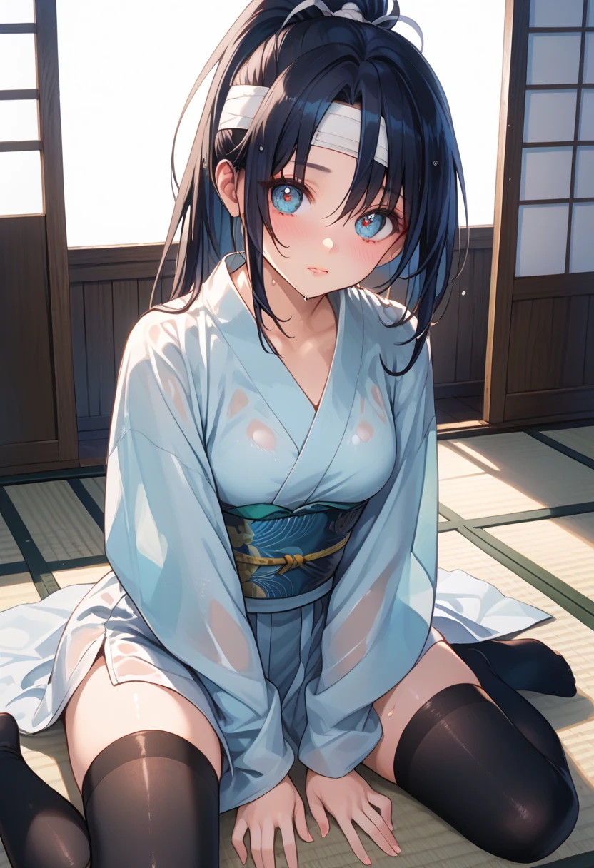 Girl with long black pontyail and glistening blue eyes, in a sakura onsen. small breasts, exposed breasts, removing clothes, undressing, exposing breasts, exposed midriff, exposed , naked, , embarrassed. kimono. undressed kimono, blue kimono, naked from kimono, lying down, sexy, erotic, , sexy pose, erotic pose, cute face, blurred background, sweaty, pose, sexual pose. close-up (Small breasts 1.6)