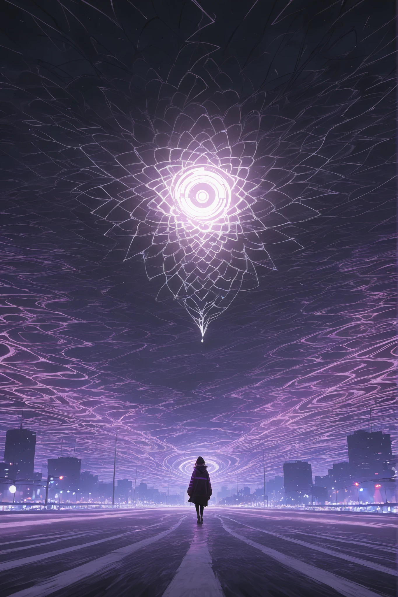 Best Picture Quality, Photography Level, Ultra HD, abstract, Faulty lights flickering in the night view of the city, Purple arcs under a dark sky, The outline of the city looms, Full of apocalyptic atmosphere