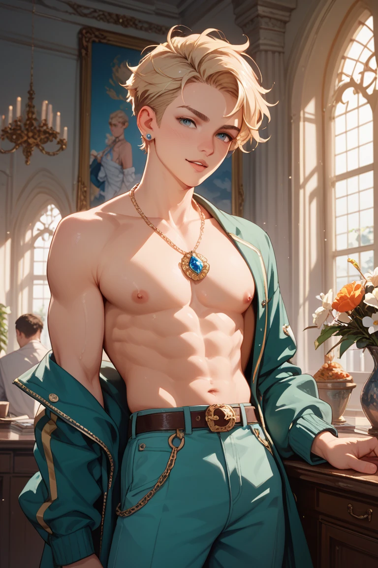A cute boy,White loincloth,srestrained,a blond,Blue eyes,